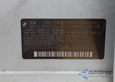 2008 BMW X5 3.0Si from USA, damaged, VIN 5UXFE43518L036315